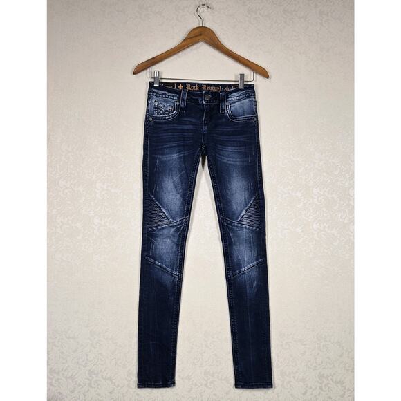 Rock Revival Mena Skinny Jeans sz 25 Dark Wash Blue Distressed Low Rise Stretch - Picture 2 of 16